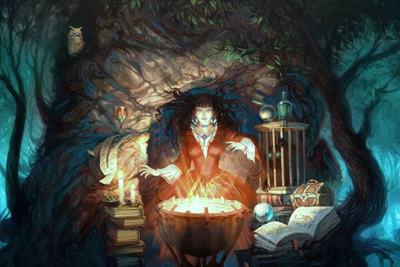 witch_occult_wiccan_wicca_cauldron_fire_flames_magic_book_spell_book_trees_forest_cg_digital_art_artistic_forest_detail_dark_halloween_fantasy_1920x1200