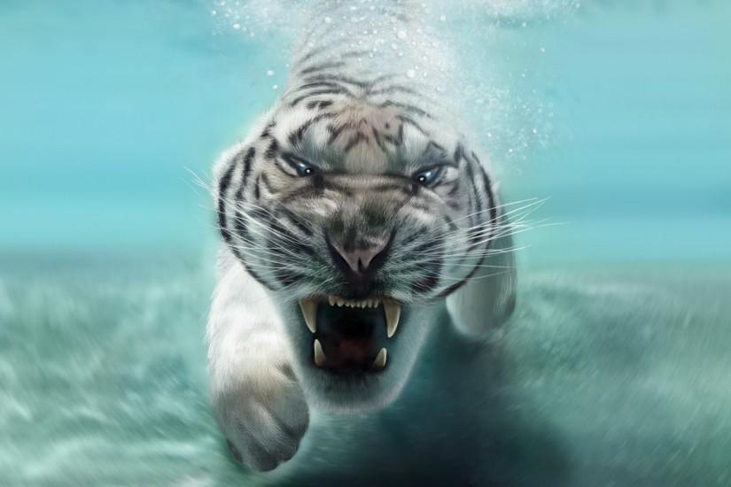 tiger, predator, white tiger, water, face, mouth, teeth, underwater