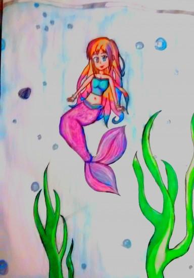 Mermaid Girl Lula Colored With Background Drawing