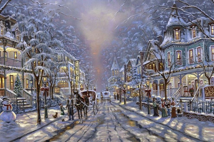 Houses - Christmas Scene December Painting Scenery Snow Holiday  Illustration Art Artwork Wide Screen Occasion Wallpaper