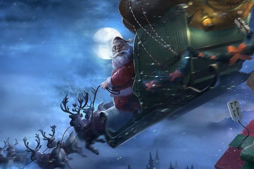 Preview wallpaper santa claus, reindeer, sleigh, flying, gifts, christmas  2048x2048