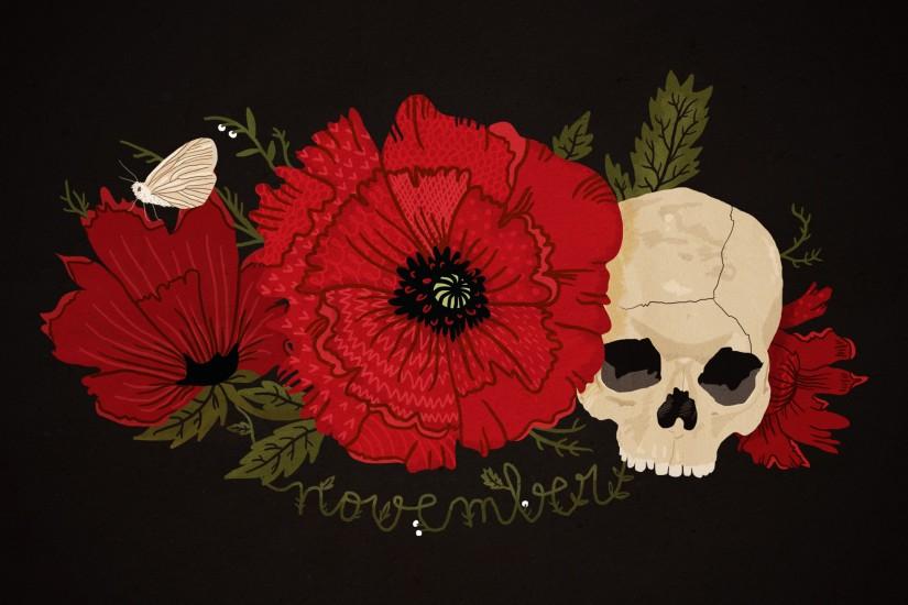 Skeleton, Black background, Butterfly, Poppies, Skull, November