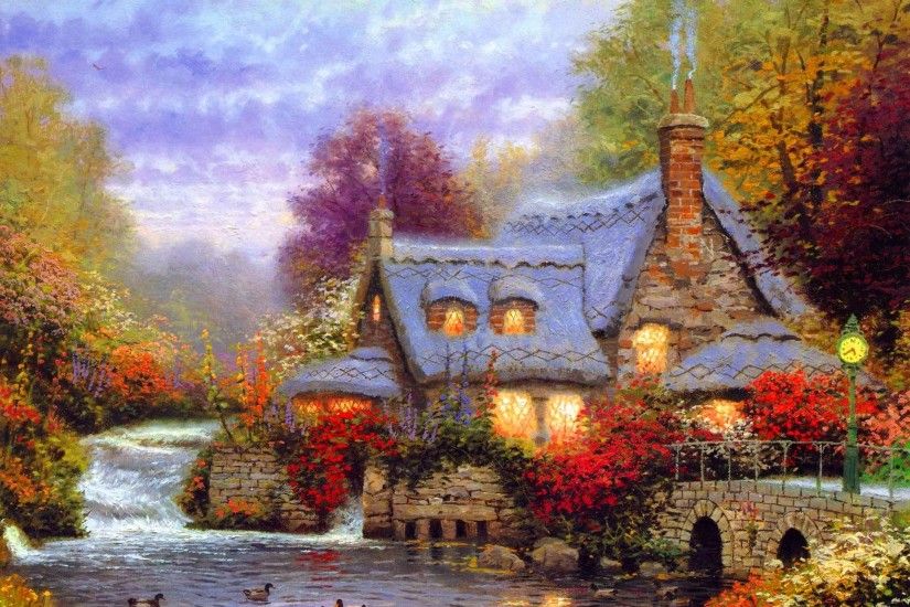 autumn, bridge, house, Thomas Kinkade, River