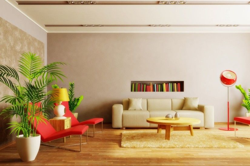 interior room apartment design style sofa chair table shelf books table  table plants light bright wallpaper