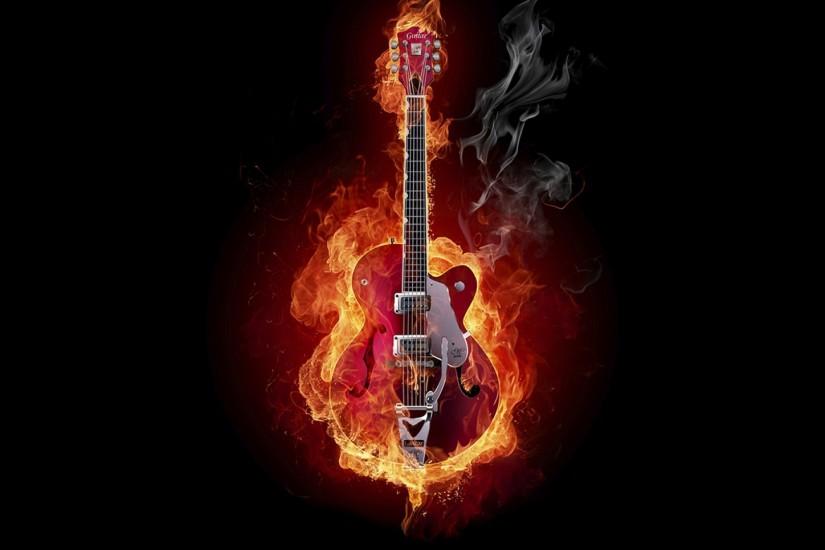 Preview wallpaper guitar, fire, instrument, smoke, background 1920x1080