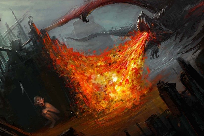 Fantasy Art Gollum Dragon Lord Rings Fire Wallpaper At Fantasy Wallpapers