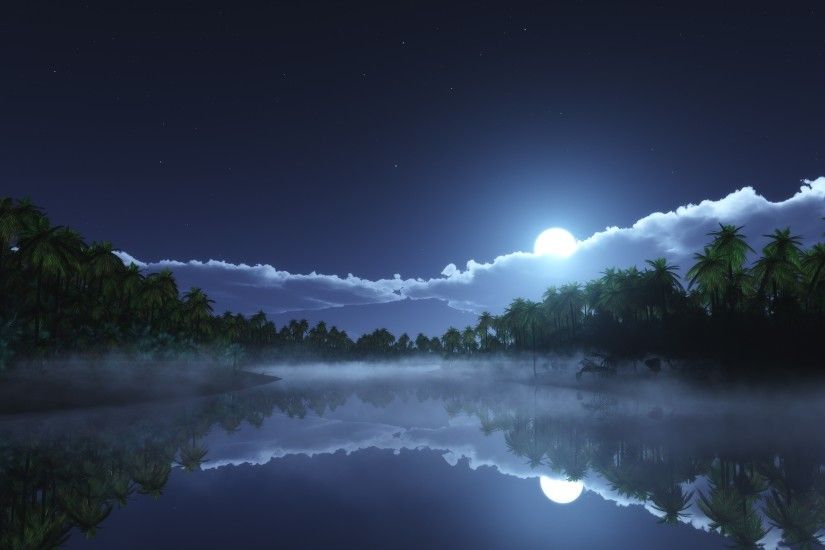 nature, Landscape, Starry Night, Moonlight, Clouds, Tropical, Mist, Palm  Trees, Lake, Reflection Wallpapers HD / Desktop and Mobile Backgrounds