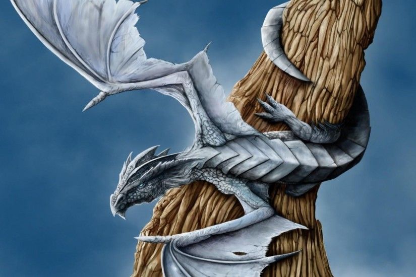 3840x2160 Wallpaper dragon, tree, wings, entwining