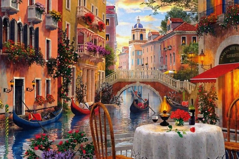 Download Venice Al Fresca Art Landscape Artwork Wide Screen Cafe Painting  Water Italy Scenery Illustration Canal Full HD 1080p Background