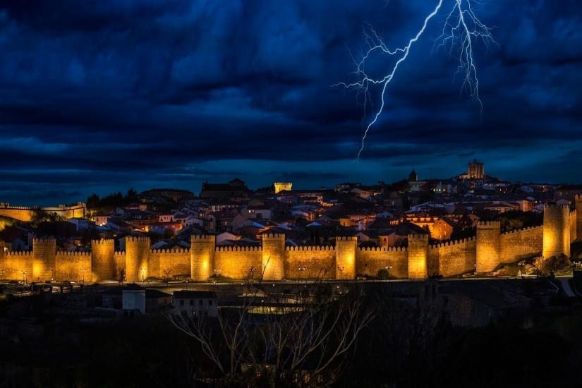 landscape, Lightning, Clouds, Nature, Spain, Lights, City, Evening, Sky,  Gold, Blue Wallpaper HD