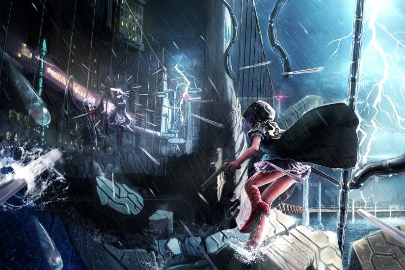 Anime Girls Battles Bridges Destruction Fight Izayoi Sakuya Lightning Rain  Remilia Scarlet Rivers Scenic Storm Touhou Video Games Water
