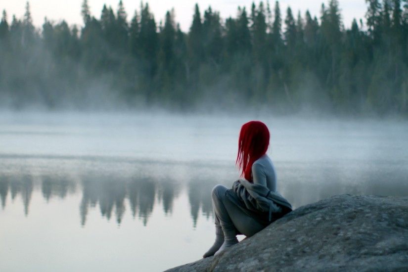 lonely, fog, stone, lake, red head