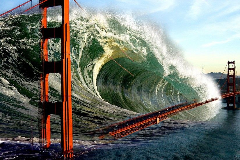 Sci Fi - Apocalyptic Sci Fi Apocalypse Golden Gate Tsunami Wave Wallpaper