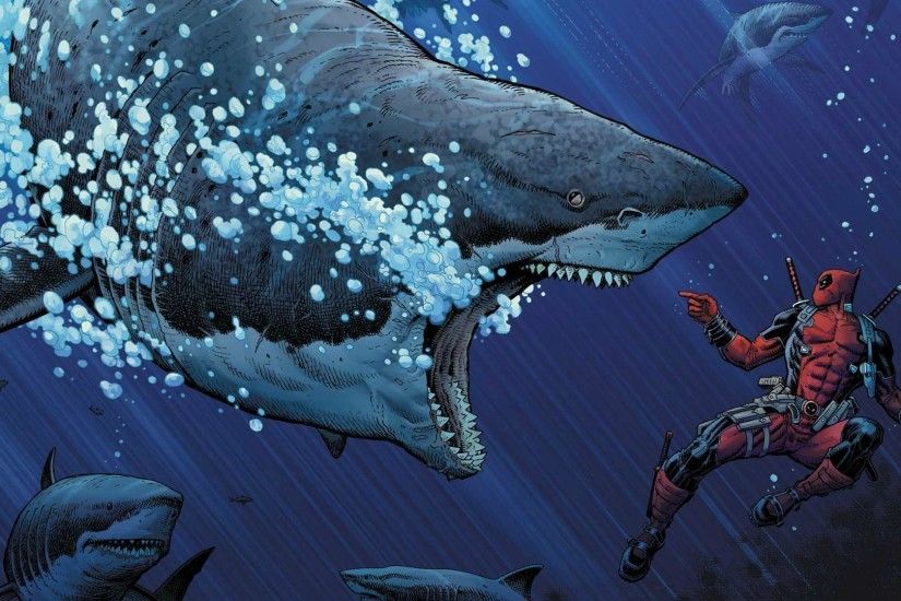 Deadpool and great white sharks wallpaper