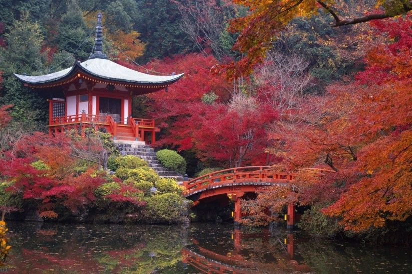 Religious - Daigo-ji Bridge Water Reflection Tree Building Fall Nature  Pagoda Kyoto Japan Temple