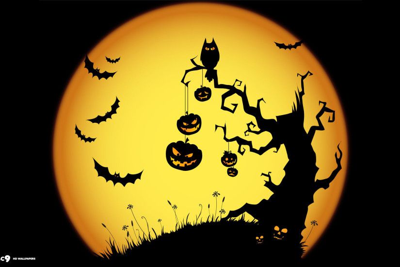halloween scary night owl bats jack o lanterns tree yellow holiday desktop  background