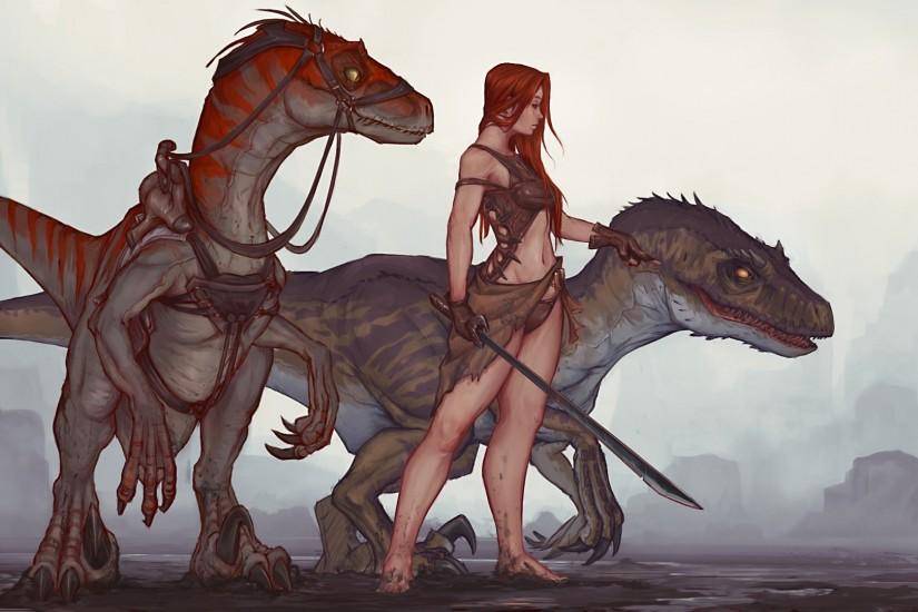 Woman with raptors (inspired by Ark: Survival Evolved)