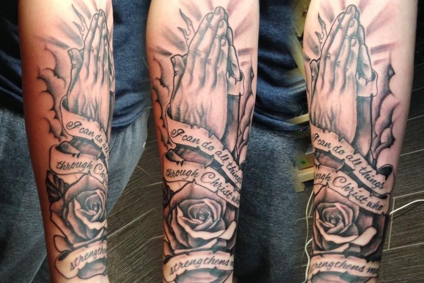 Praying Hands religious tattoo by Adam at Black Apple Studios in Sudbury,  Ontario Canada -