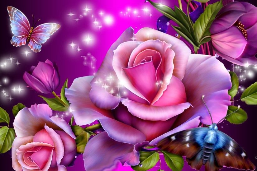 Drawn wallpapers Purple roses and butterflies