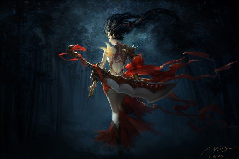 Art Girl Warrior Weapon Sword Tape Red Forest Bamboo Night Dark Bird Tattoo  Phoenix Back Wallpaper At Fantasy Wallpapers