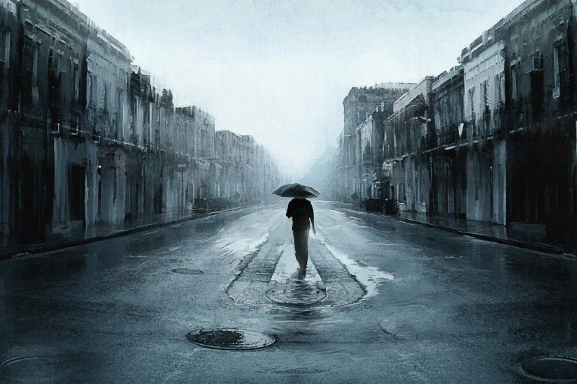 Sad Boy in Rainy Street Lonely Wallpaper
