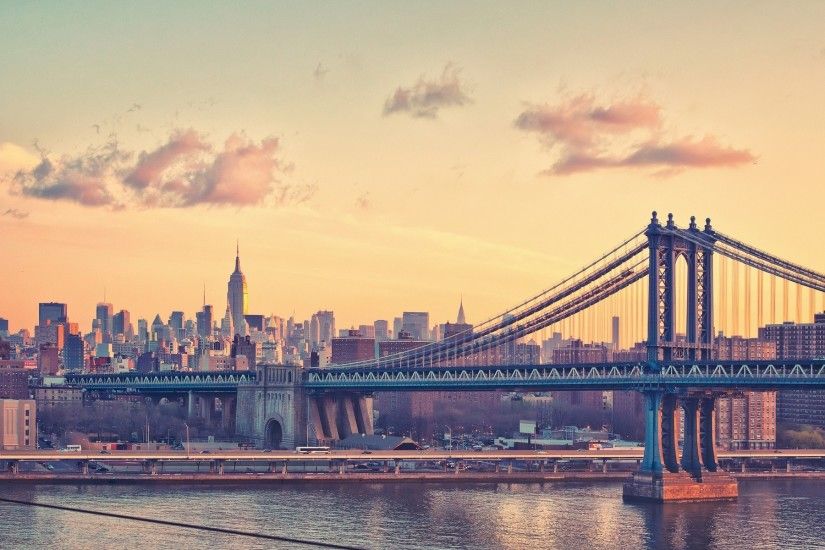 New York City Manhattan Bridge Clear Sky River HD Wallpaper