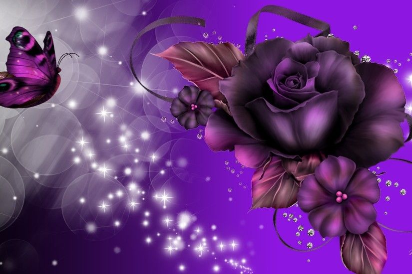 Fantasy - Artistic Sparkles Butterfly Purple Rose Wallpaper