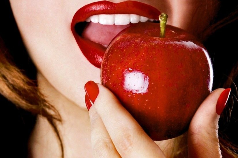 food red apple girl face red lips hand fingers manicure