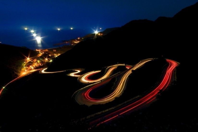 Hillside long exposure nightlights nighttime roads wallpaper