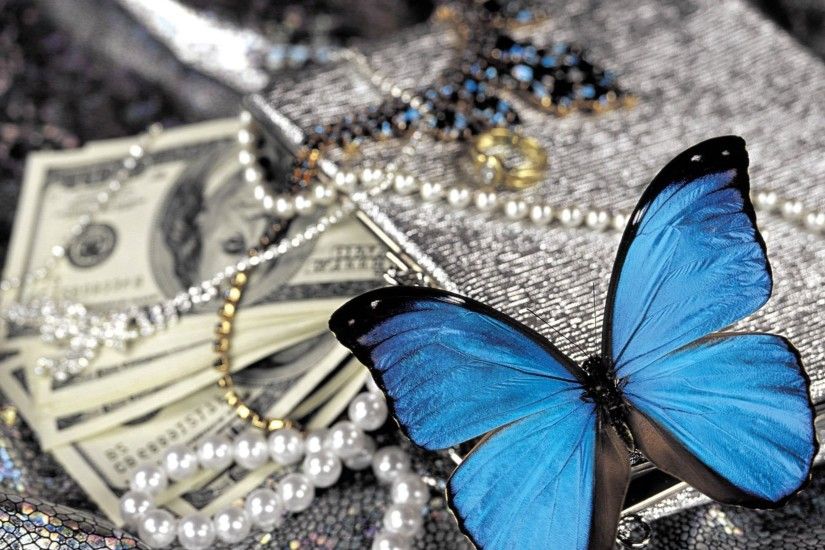 Blue Butterfly On Pearls 2048x1152 Resolution