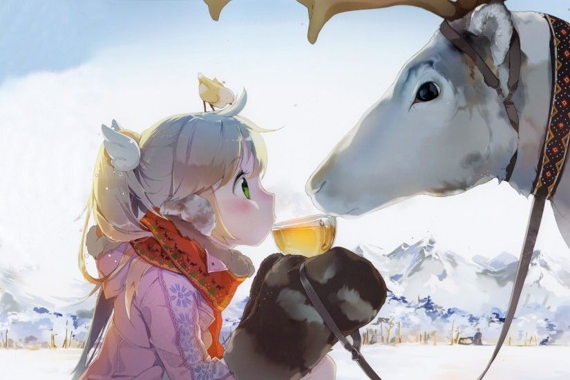 Girl sharing a tea with a Reindeer wallpaper