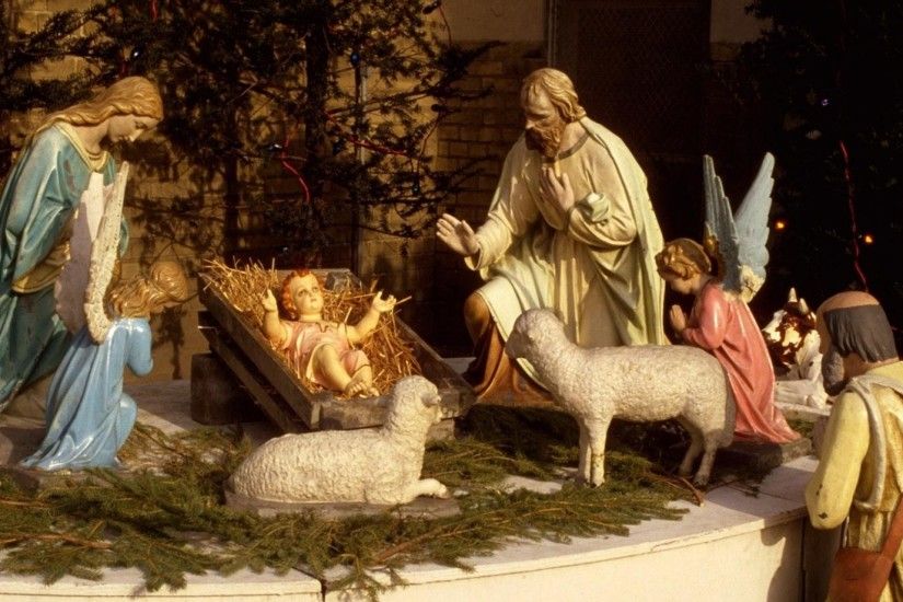 1920x1080 Wallpaper christmas, holiday, jesus, manger, sheep, needles,  people,