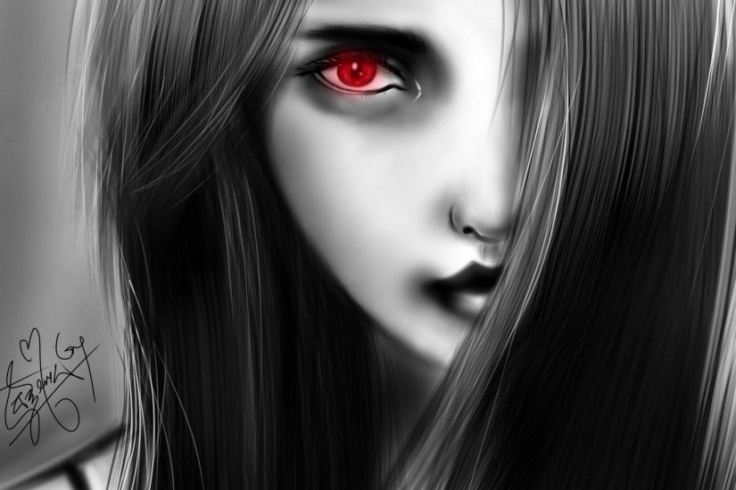 picture girl face hair red eye monochrome black and white