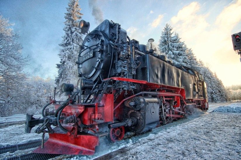 steam engine winter snow landscape semaphore