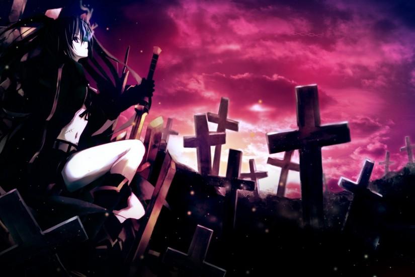 Preview wallpaper anime, girl, thoughtful, sword, cemetery, darkness  1920x1080