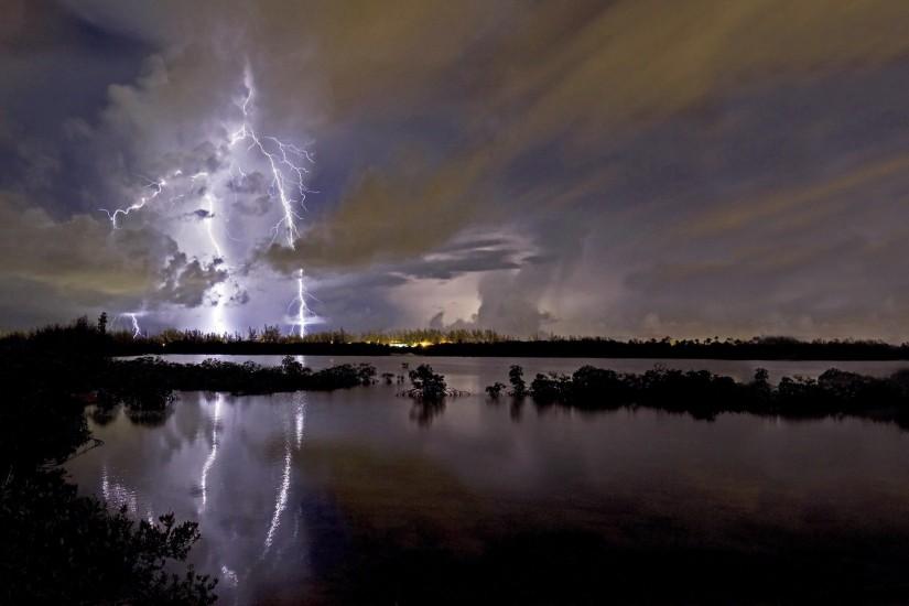 lightning, night, clouds, lake, thunderstorm