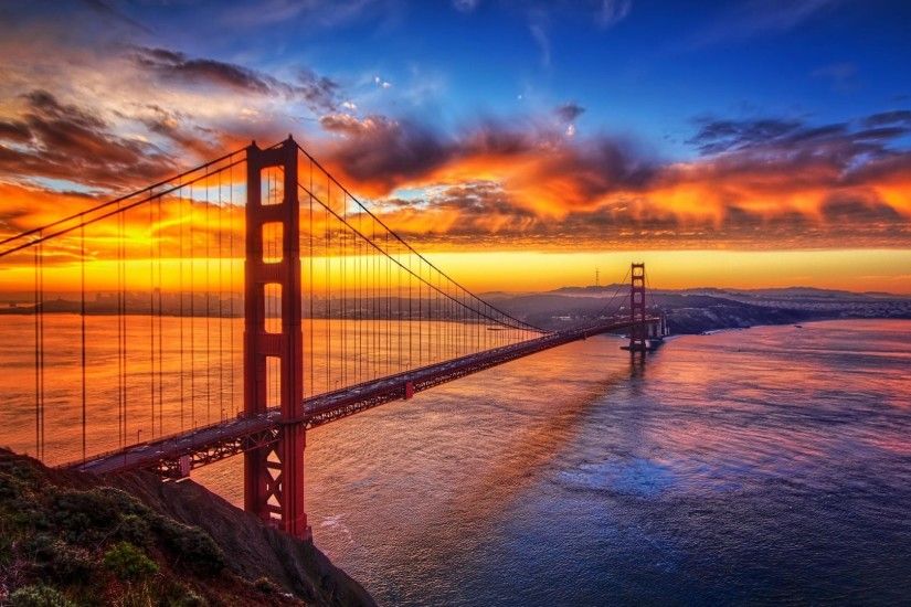 Man Made - Golden Gate Man Made Bridge Sunset Sky Orange Wallpaper