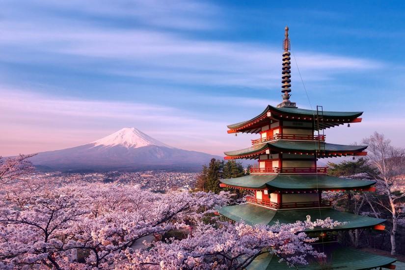 japan, stratovolcano, mount, Fuji, spring, pagoda, architecture, tree,
