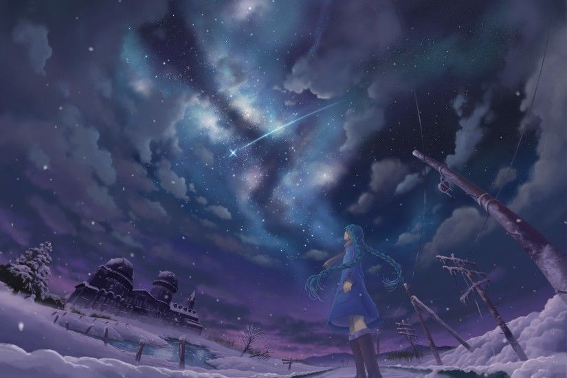 Anime Vocaloid Blue Hair Landscape Long Hair Snow Cloud Star Sky Hatsune  Miku Winter Wallpaper