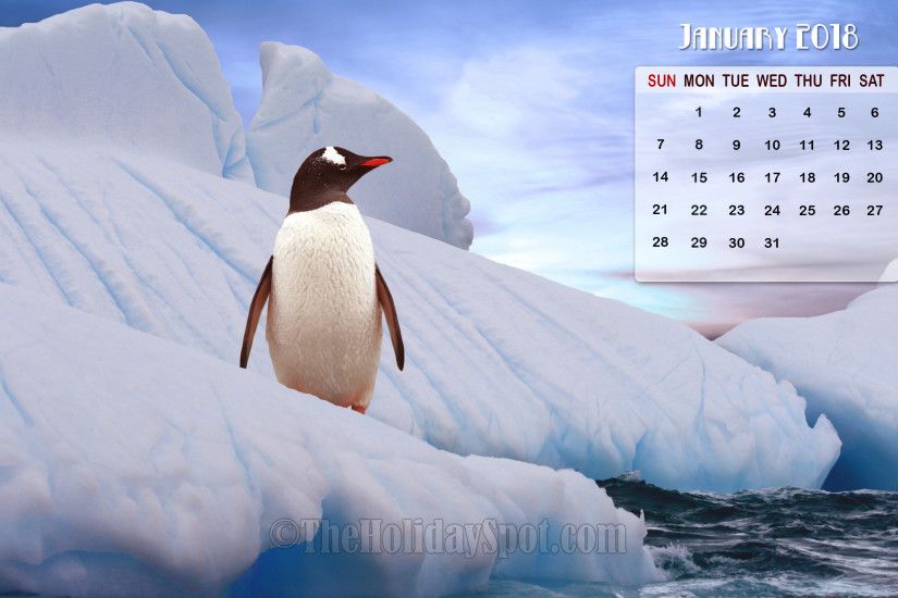 January 2018 Calendar Wallpaper of a penguin