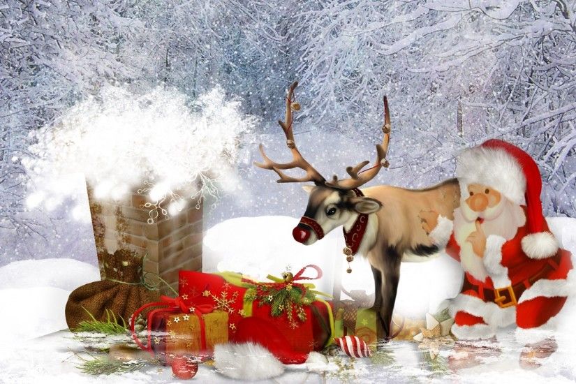 Winter Presents Snowing Nicholas Saint Rooftop Snow Nick Bag Trees Santa  Gifts Chimney Reindeer Christmas Claus Wallpapers Hd Detail
