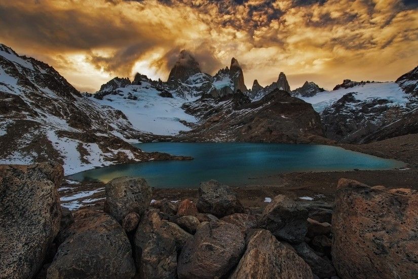 mountain, Lake, Sunset, Nature, Clouds, Landscape, Argentina, Snowy Peak