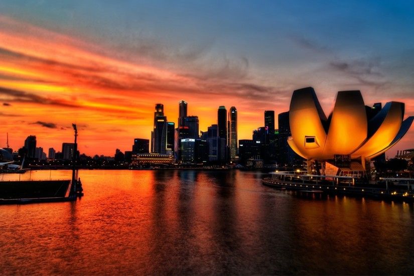 Futuristic city at sunset HD Desktop Wallpaper
