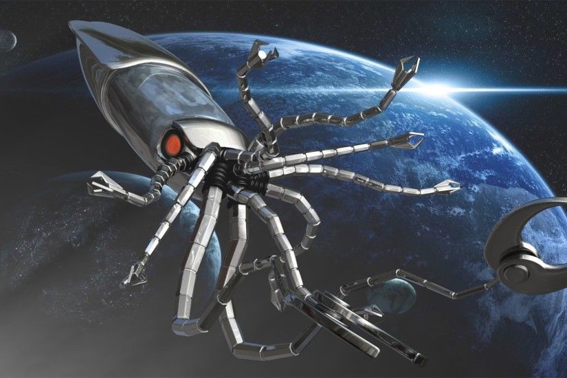 Sci Fi - Robot Fantasy Squid Creature Metal Tentacle Octopus Sci Fi 3D  Spaceship Fish Monster