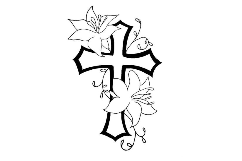 Free Designs Cross With Flower Contour Tattoo Wallpaper Picture #