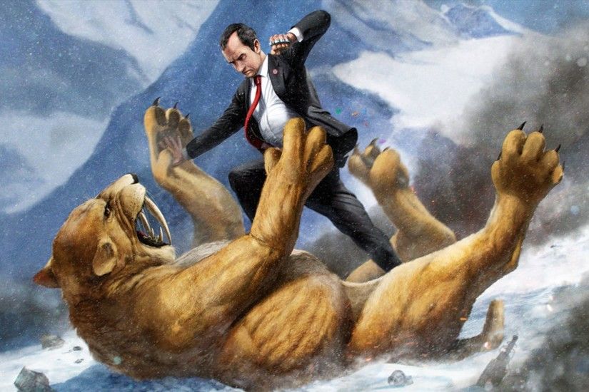 Richard Nixon fighting a Saber Tooth Tiger