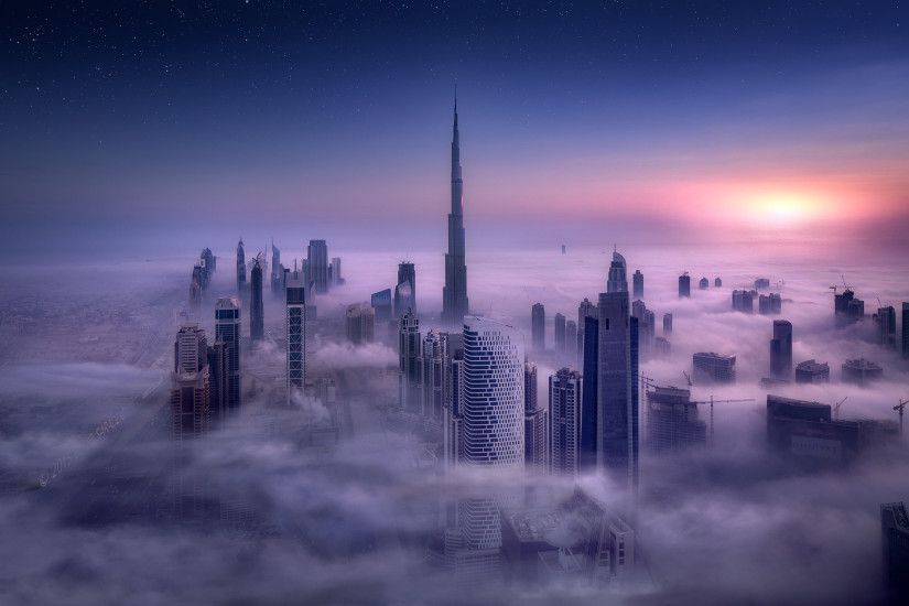 Dubai, UAE, Arab Emirates, skyscrapers, clouds, sunset, city