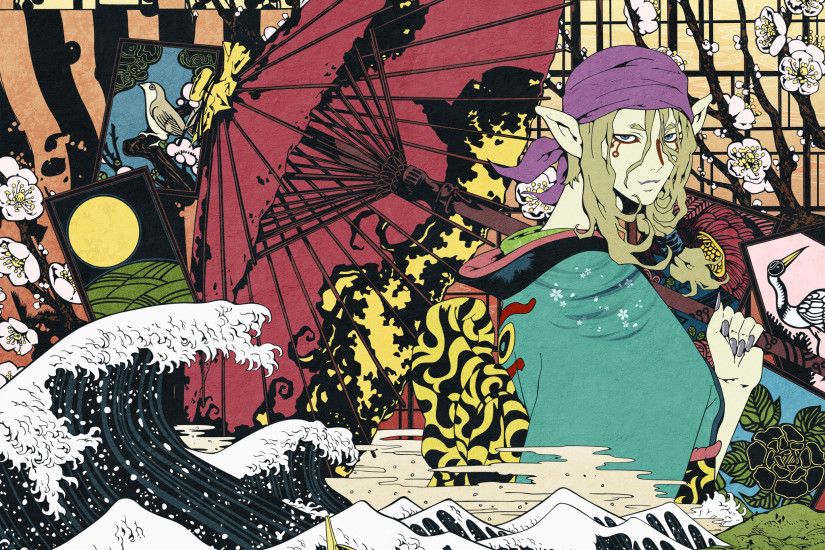 wallpaper artwork Â· anime Â· umbrellas Â· roses Â· Mononoke Â· The Great Wave  off Kanagawa