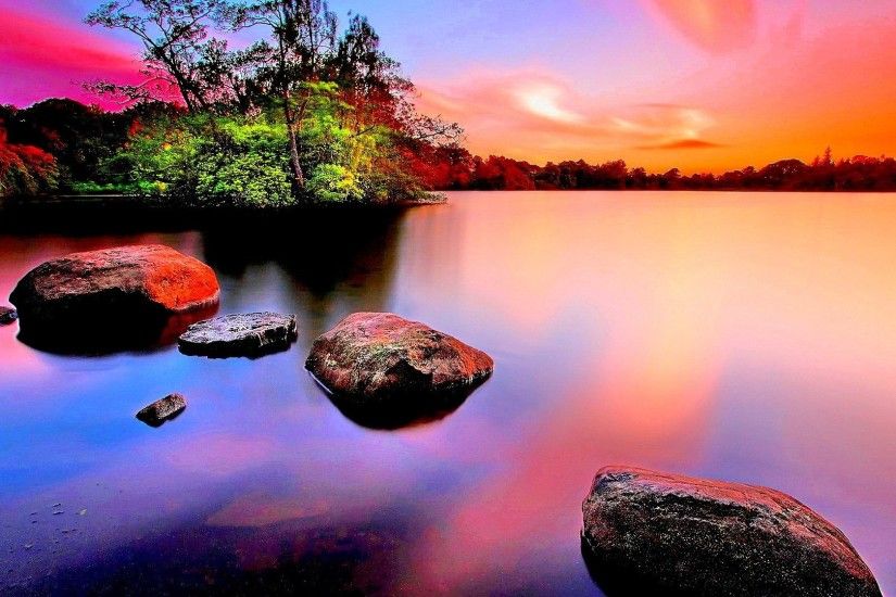 Sunsets - SCENIC SUNSET PARADISE BEAUTIFUL PINK COLOR ROCKS SKY LANDSCAPE  EVENING CLOUDS PLANTS NATURE COLORFUL