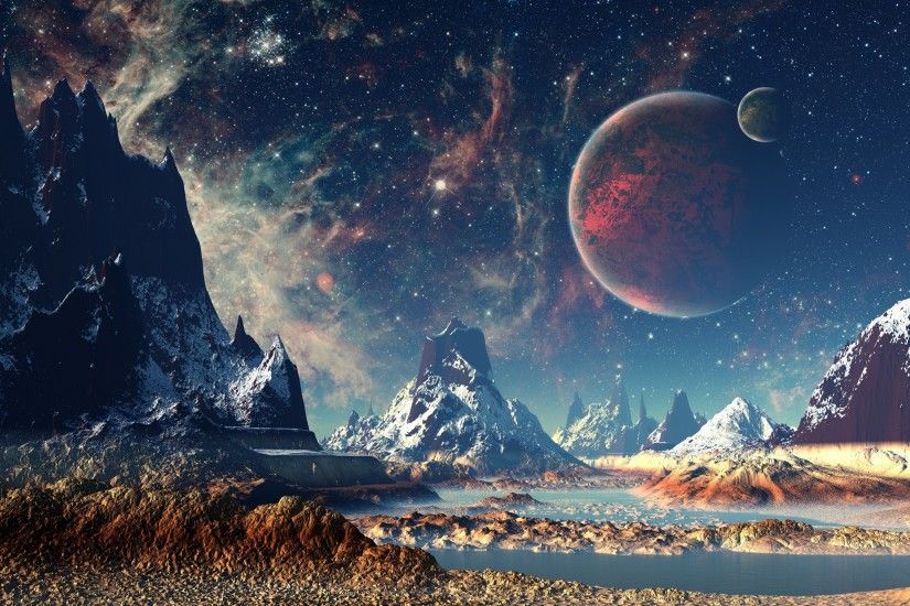 Alien Planet With A Moon And Mountains
